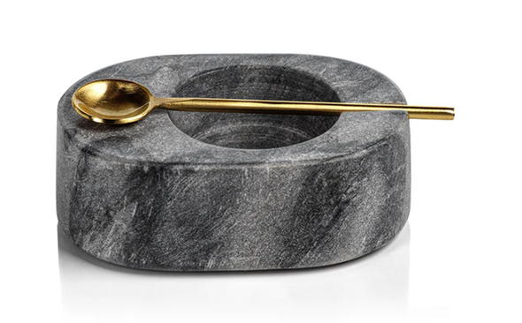 Marble Salt and Pepper Bowl with Gold Spoon - Gray