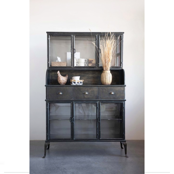 Kandela Metal Cabinet w/ 6 Glass Doors, 3 Drawers & Shelf, Antique Black Finish