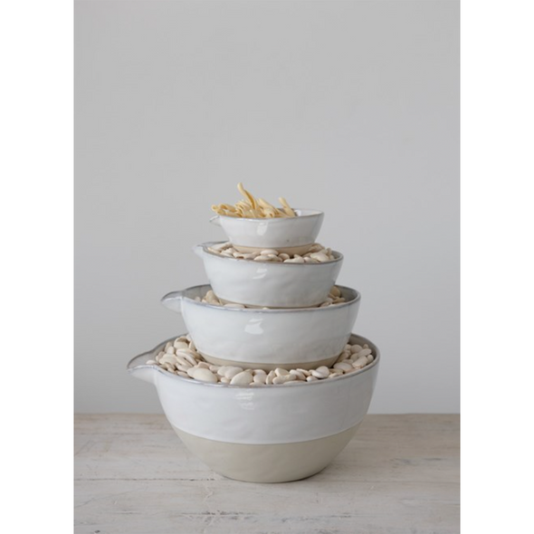 Stoneware Batter Bowls, Reactive Glaze, White, Set of 4