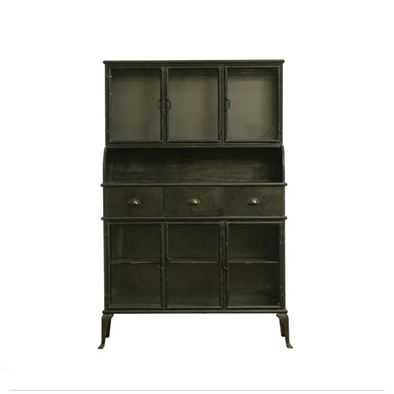 Kandela Metal Cabinet w/ 6 Glass Doors, 3 Drawers & Shelf, Antique Black Finish